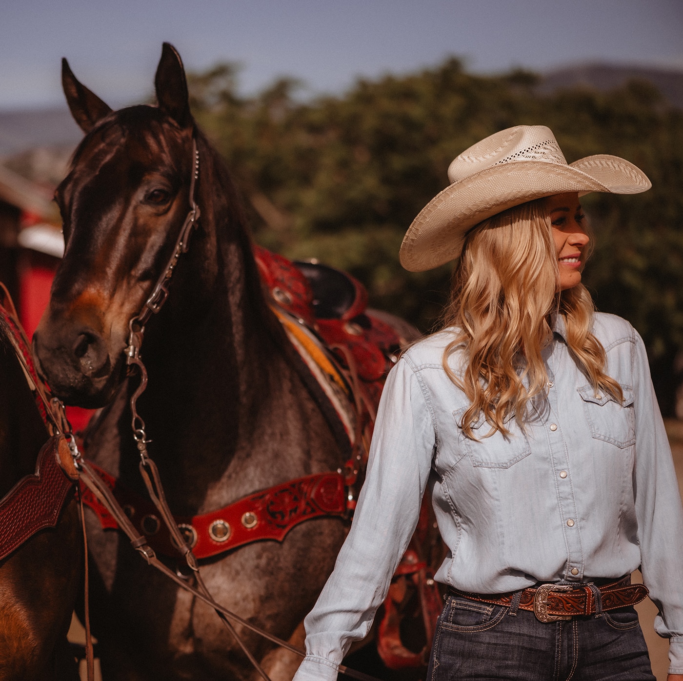 A woman in a cowboy hat stands next to a horse, wearing a denim shirt and jeans. The background features rustic scenery.